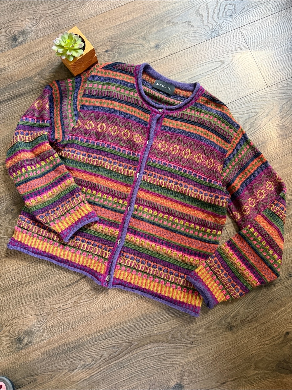 Vintage Alpaca 111 Wms L Geometric Textured Peruvian Knit Cardigan Sweater EUC